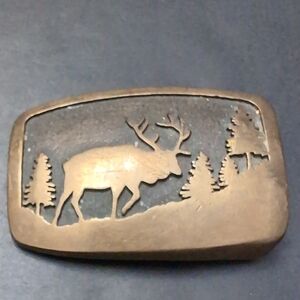 VGT,1980 Indiana Metal Craft Solid Bronze Buckle Features An Elk In The Wild.